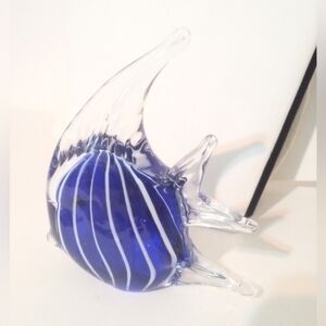 Art Glass Angel Fish Paper Weight Figurine Vintage Cobalt Blue w White Stripes